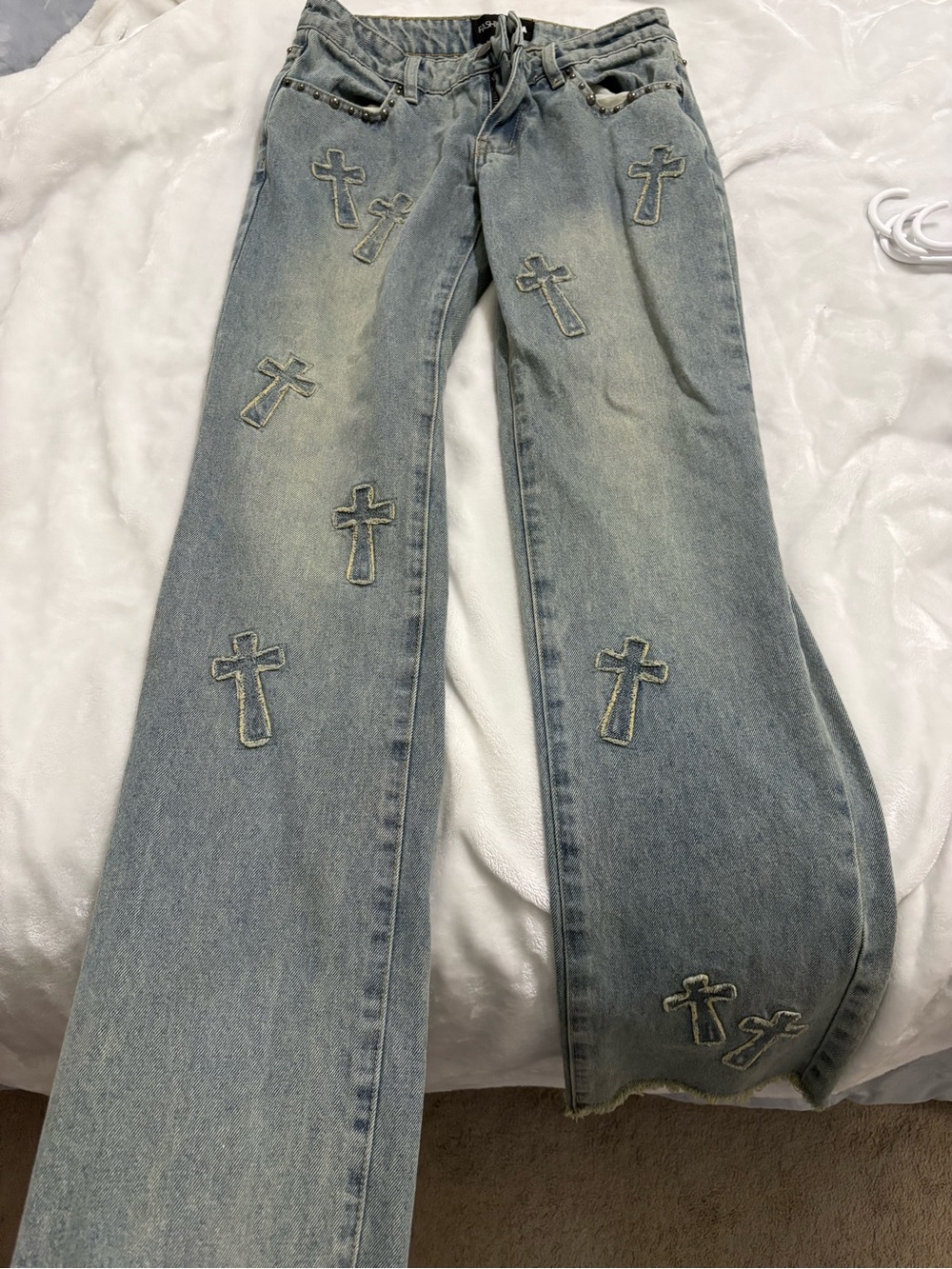 Fashion Nova Light Blue Embroidered Cross Flare Jeans